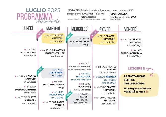 Lezioni nel mese di LUGLIO 2025 - Centro Pilates Yoga Roma
